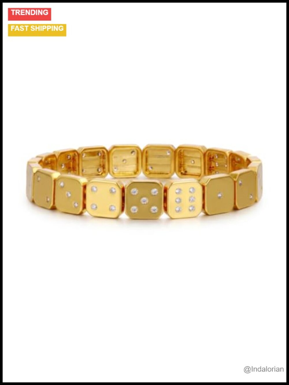 Gold Dice Bracelet Cubic Zirconia Copper Stretch